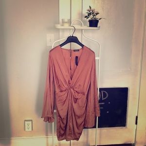 Bell sleeve knot front satin dress